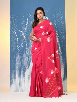 CHARUKRITI - Pink Printed Cotton Saree with Unstitched Blouse