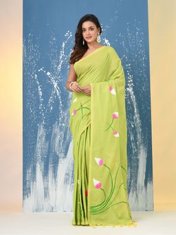 CHARUKRITI - Green Printed Cotton Saree with Unstitched Blouse