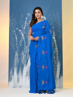 CHARUKRITI - Sky Blue Ethnic Motifs Cotton Saree with Unstitched Blouse