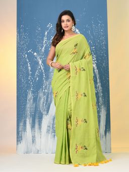 CHARUKRITI - Green Ethnic Motifs Cotton Saree with Unstitched Blouse