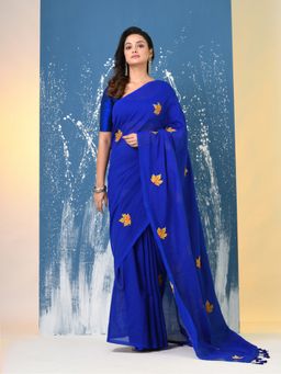 CHARUKRITI - Blue Leaf Motifs Cotton Saree with Unstitched Blouse