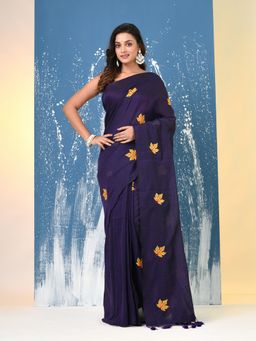 CHARUKRITI - Purple Leaf Motifs Cotton Saree with Unstitched Blouse