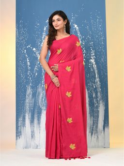 CHARUKRITI - Pink Leaf Motifs Cotton Saree with Unstitched Blouse