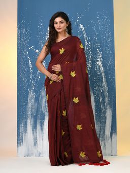 CHARUKRITI - Maroon Leaf Motifs Cotton Saree with Unstitched Blouse
