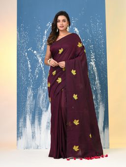 CHARUKRITI - Burgundy Leaf Motifs Cotton Saree with Unstitched Blouse
