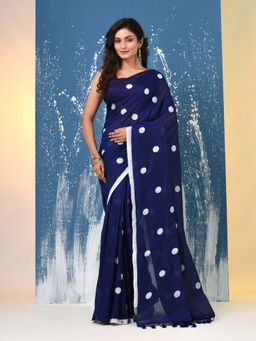 CHARUKRITI - Blue Polka Dots Cotton Saree with Unstitched Blouse