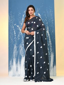 CHARUKRITI - Grey Polka Dots Cotton Saree with Unstitched Blouse