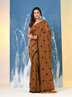 CHARUKRITI - Brown Polka Dots Cotton Saree with Unstitched Blouse