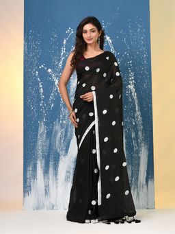 CHARUKRITI - Black Polka Dots Cotton Saree with Unstitched Blouse