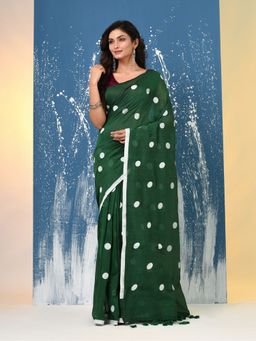 CHARUKRITI - Green Polka Dots Cotton Saree with Unstitched Blouse