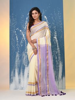 CHARUKRITI - Off White Woven Mulmul Saree Without Blouse