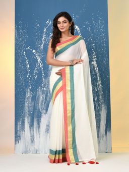 CHARUKRITI - Off White Woven Mulmul Saree Without Blouse