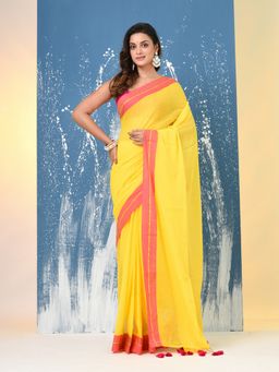 CHARUKRITI - Yellow Solid Mulmul Saree Without Blouse