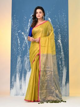CHARUKRITI - Lemon Yellow Woven Tissue Saree with Unstitched Blouse
