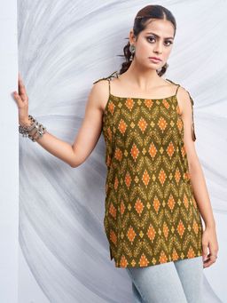 KAFTANIZE - Olive and Orange Color Printed with Tie-Knot Shoulder Short Kurti
