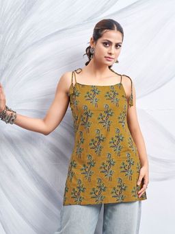 KAFTANIZE - Camel Olive Color with Floral Print with Tie-Knot Shoulder Short Kurti