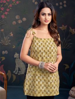 KAFTANIZE - Mustard and Brown Color with Floral Print Tie-Knot Shoulder Short Kurti