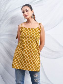 KAFTANIZE - Yellow Color with Floral Print and Tie-Knot Shoulder Short Kurti