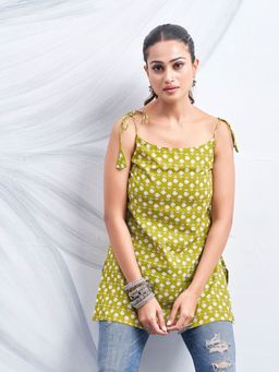 KAFTANIZE - Green Color with White Floral Print and Tie-Knot Shoulder Short Kurti