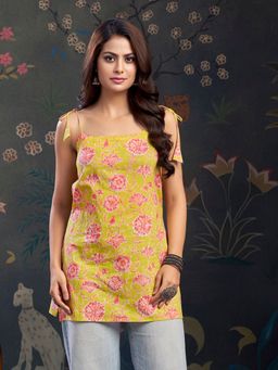 KAFTANIZE - Yellow Color and Pink Floral Print with Tie-Knot Shoulder Short Kurti