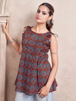 KAFTANIZE - Red Color Base with Blue All Over Medallion Floral Printed Short Kurti