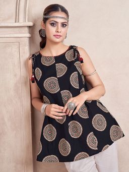 KAFTANIZE - Black Color Base with Red Color All Over Medallion Printed Short Kurti
