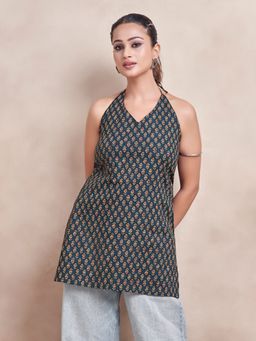 KAFTANIZE - Blue Color with Red Floral Block Print and Tie Backless Short Kurti