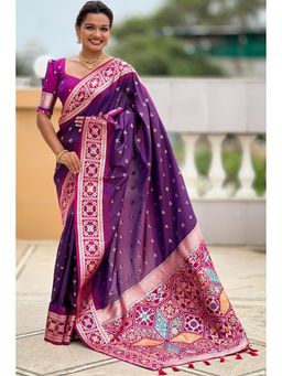 SGF11 - Wine Kanjivaram Patola Pure Soft Silk Saree with Unstitched Blouse Piece
