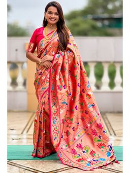 SGF11 - Pink Kanjivaram Paithani Pure Soft Silk Saree with Unstitched Blouse Piece