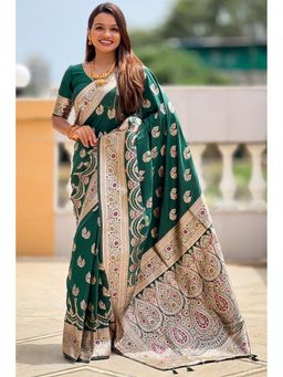 SGF11 - Dark Green Kanjivaram Pure Soft Silk Saree with Unstitched Blouse Piece