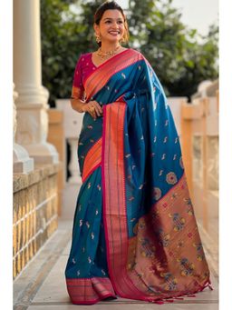 SGF11 - Blue Kanjivaram Paithani Pure Soft Silk Saree with Unstitched Blouse Piece