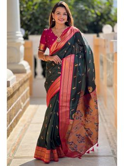 SGF11 - Dark Green Kanjivaram Paithani Pure Soft Silk Saree with Unstitched Blouse Piece