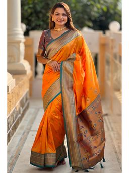 SGF11 - Orange Kanjivaram Paithani Pure Soft Silk Saree with Unstitched Blouse Piece