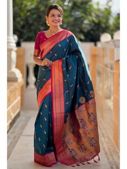 SGF11 - Rama Blue Kanjivaram Paithani Pure Soft Silk Saree with Unstitched Blouse Piece