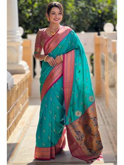 SGF11 - Rama Green Kanjivaram Paithani Pure Soft Silk Saree with Unstitched Blouse Piece