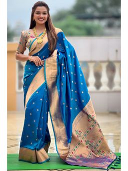 SGF11 - Blue Kanjivaram Paithani Pure Soft Silk Saree with Unstitched Blouse Piece