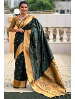 SGF11 - Dark Green Kanjivaram Paithani Pure Soft Silk Saree with Unstitched Blouse Piece