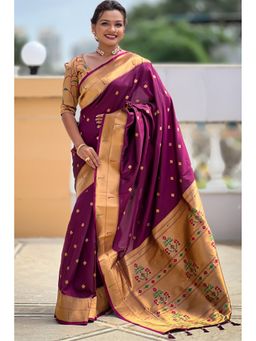 SGF11 - Wine Kanjivaram Paithani Pure Soft Silk Saree with Unstitched Blouse Piece