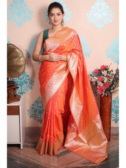 SGF11 - Orange Kanjivaram Pure Soft Silk Saree with Unstitched Blouse Piece