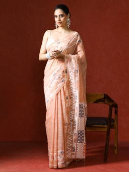 Sarha - Peach Chanderi Cotton with Floral Motifs Saree with Unstitched Blouse
