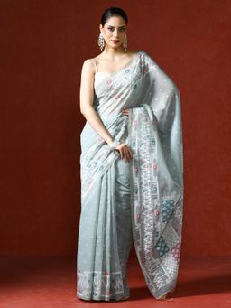 Sarha - Blue Chanderi Cotton with Floral Motifs Saree with Unstitched Blouse
