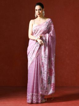 Sarha - Pink Chanderi Cotton with Floral Motifs Saree with Unstitched Blouse