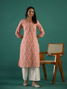 Rangdeep - Ethnic Motifs Printed Sequined Round Neck Straight Kurta