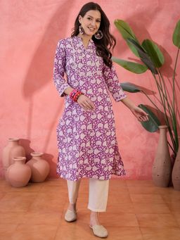 Rangdeep - Women Purple Casual Cotton Printed Mandarin Neck Kurta