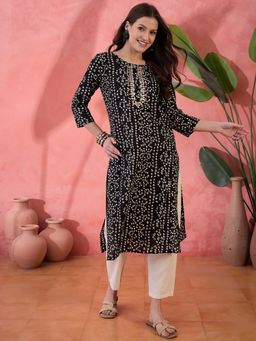 Rangdeep - Women Black Casual Cotton Printed Round Neck Kurta