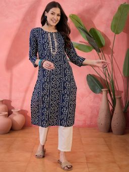 Rangdeep - Women Blue Casual Cotton Printed Round Neck Kurta