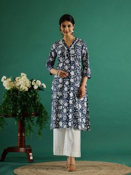 Rangdeep - Floral Printed V-Neck Cotton Straight Kurta