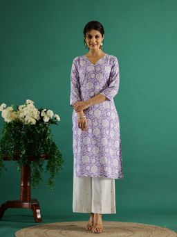 Rangdeep - Floral Printed V-Neck Three Quarter Sleeves Straight Kurta