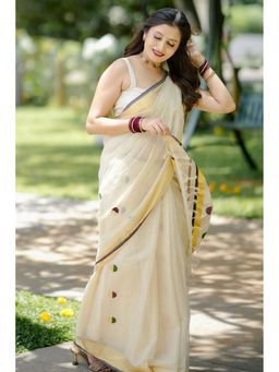 SGF11 - White Kanjivaram Pure Cotton Linen Soft Silk Saree with Unstitched Blouse Piece