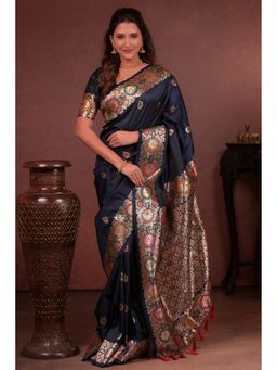 SGF11 - Dark Blue Kanjivaram Pure Soft Silk Saree with Unstitched Blouse Piece